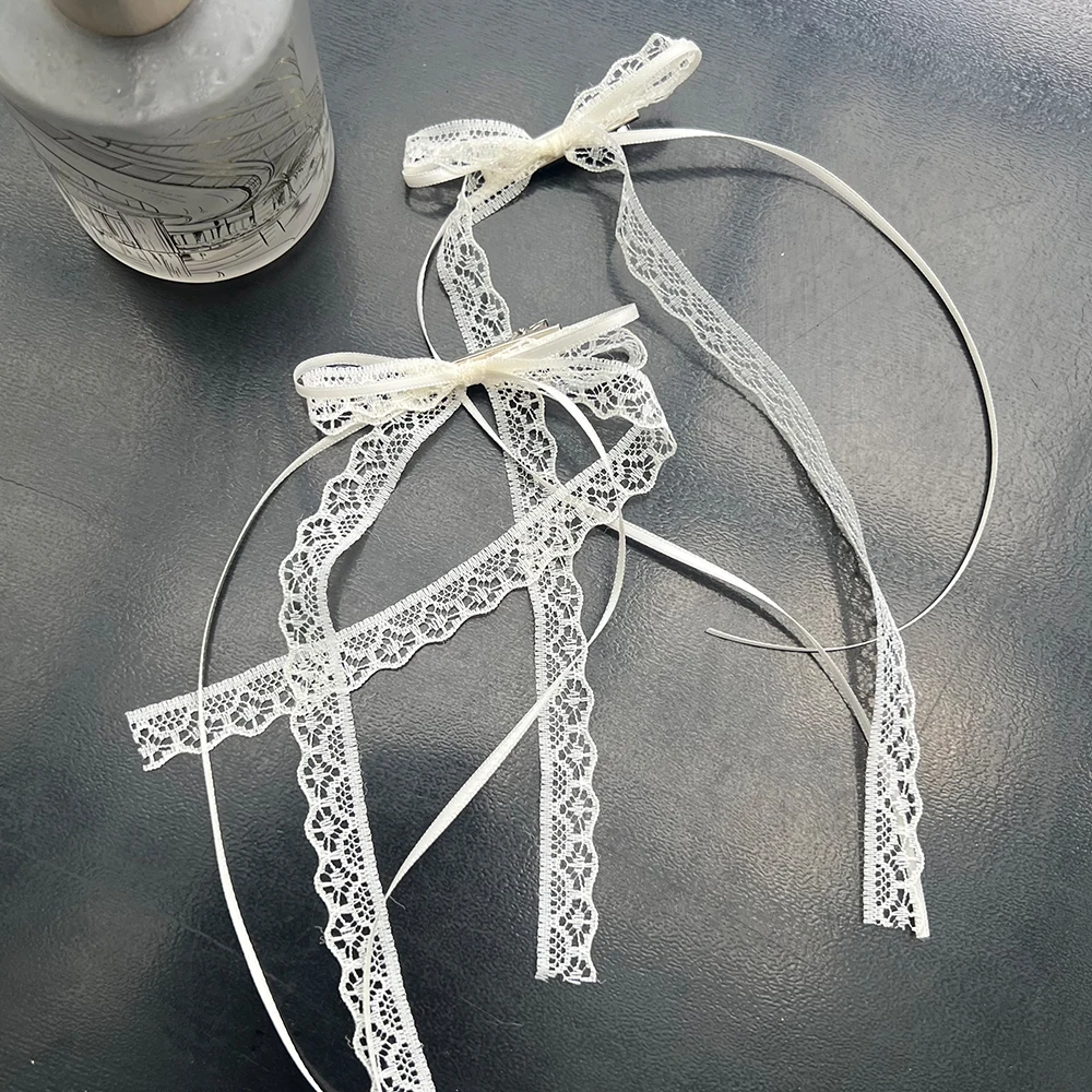 Mode Y2K Spitze Creme Weiß Schleife Band Haarspange für Frauen Haarnadeln Bullet Style Side Shredded Haarnadel Kopfschmuck Clip Kopfbedeckung – Detail 13
