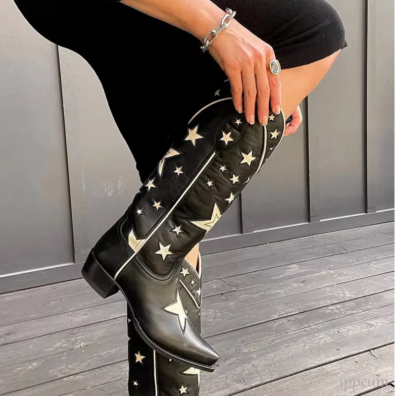 Black Five-pointed Star Cowboy Boot Pu Leather Mid Calf Embroidery Western Cowgirls Boots Women Shoes