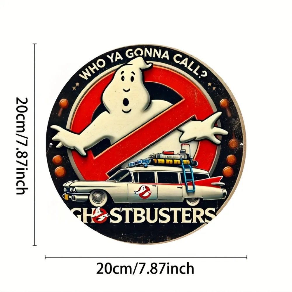 Vintage Ghostbusters Logo Tin Sign, Round Distressed Metal Wall Art with Ghost & Ecto-1 Car, 80s Movie & Man Cave Decor