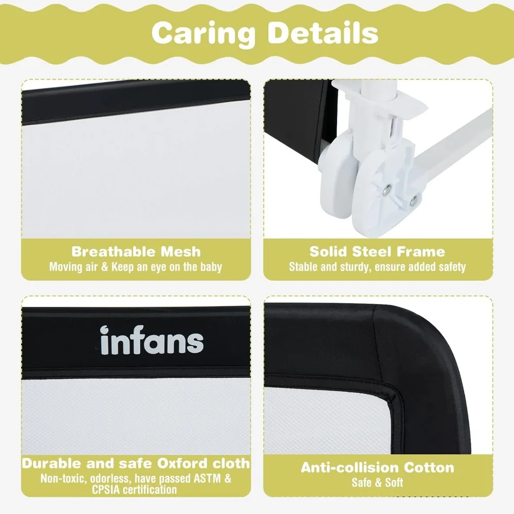 حاجز سرير آمن قابل للطي للأطفال الصغار، يناسب مرتبة Twin to King، حاجز حماية طويل جدًا باللون الأسود