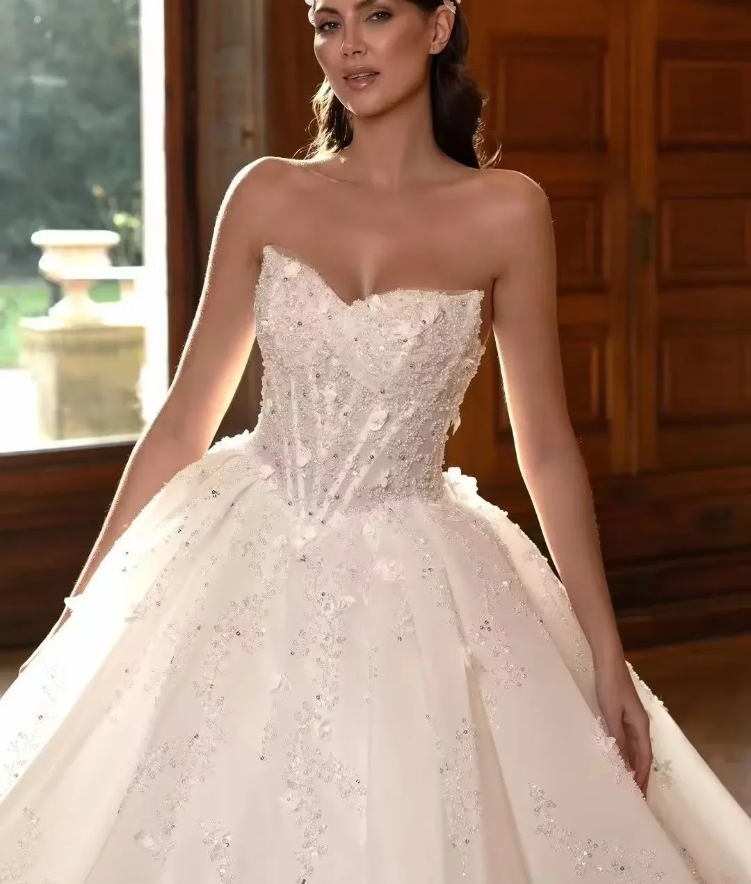 Customized Sweetheart Shinny Beads Pearls Princess Wedding Dress Vestidos De Noiva Ballgown  Fashion  Corset Back  Bridal Gown
