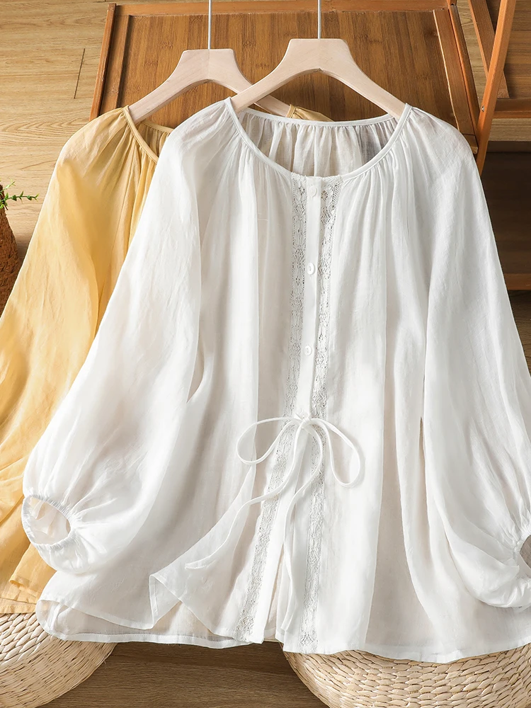Summer Lace-Bordered Loose Women's Shirt with Lantern Sleeves And Belt High-End Japanese Style White Cover-Up Versatile for All view 2