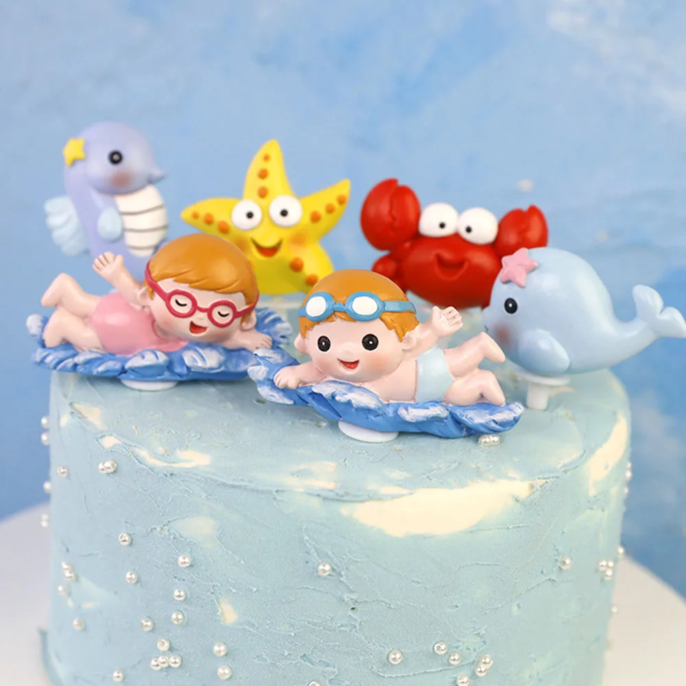 Sea Animal Cake Toppers Swimming Boy Crab Starfish whalebaby Cake Decorations Undersea Theme Birthday Boy Baby Shower Party