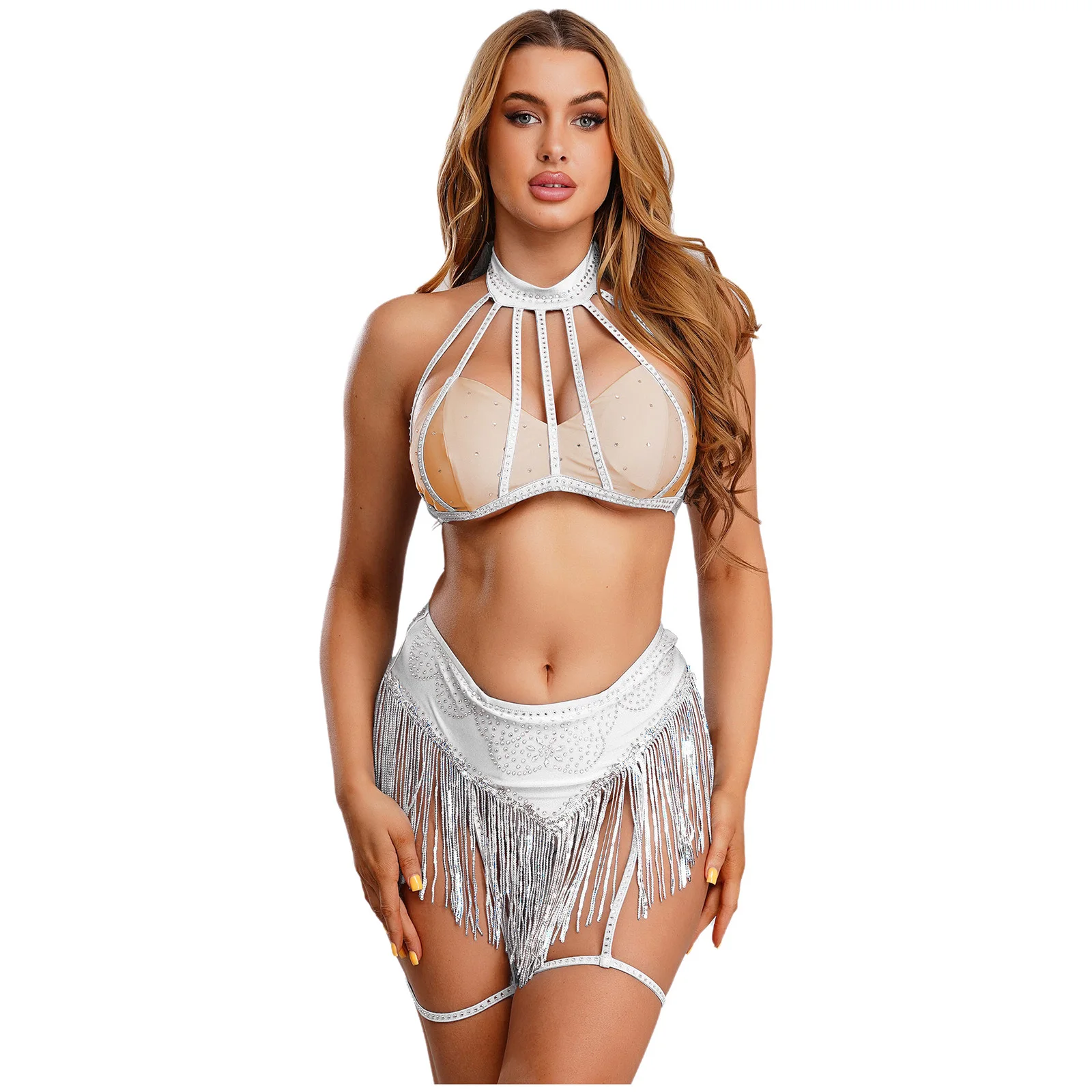 Women Sexy Belly Dance Costume Glittery Rhinestone Halter Cage Crop Tops Tassel Briefs with Garter Thigh Bands Carnival Clubwear