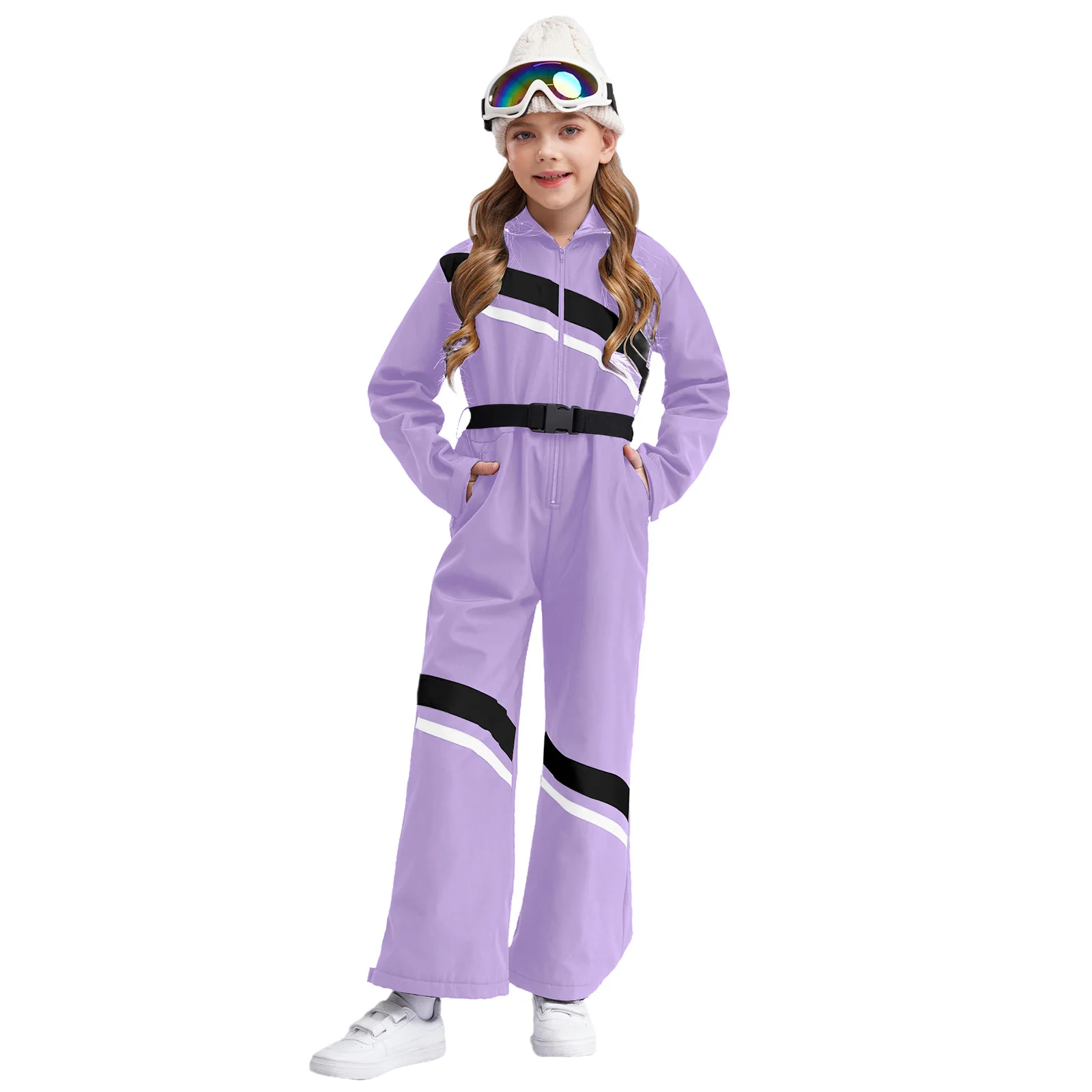 Kids Girls Ski Hooded Jumpsuit Long Sleeve Zipper Color Block Bodysuit with Belt for Skiing Snowboarding Mountaineering Pants