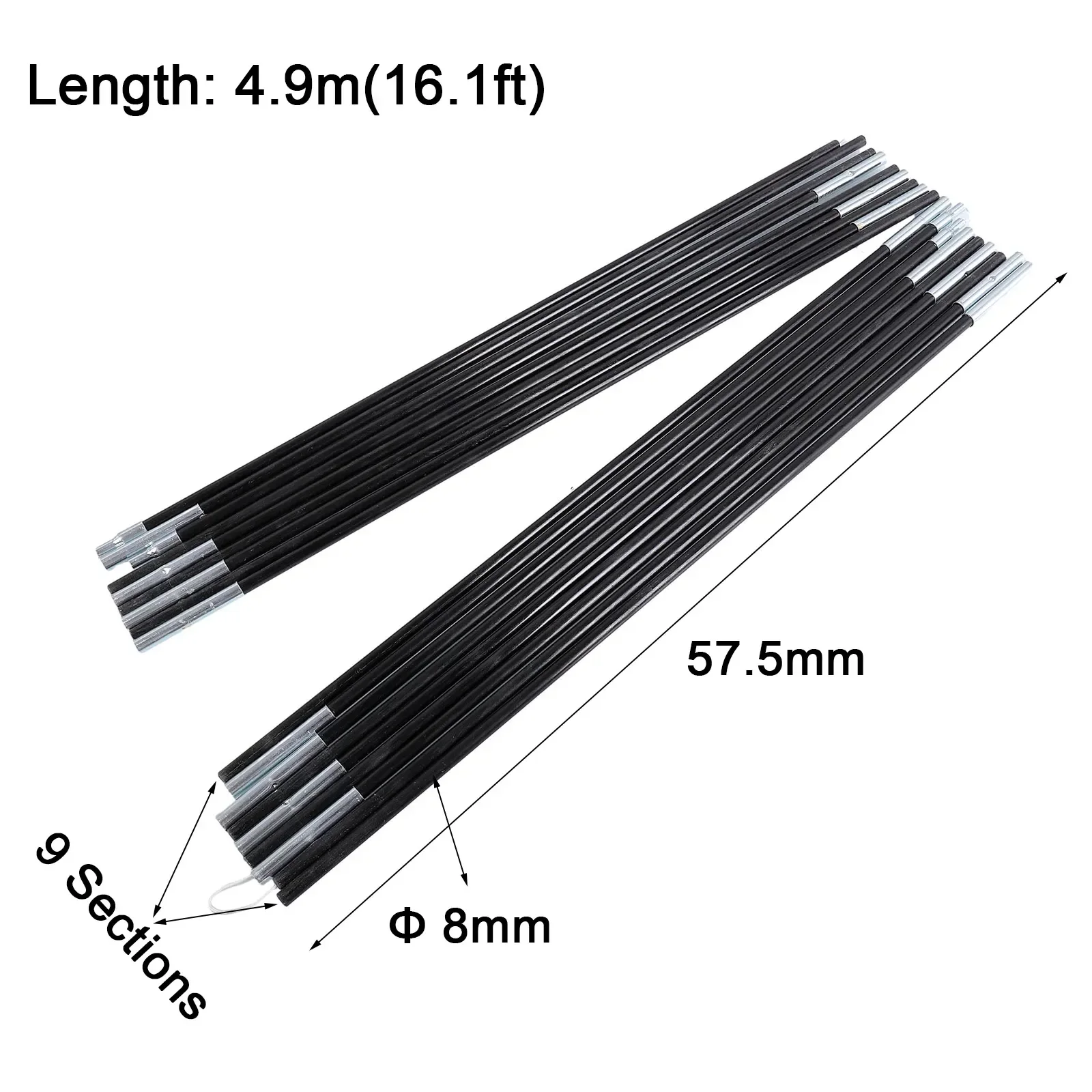 1Pair 3-4.9m Fiberglass Tent Rod Camping Tent Pole Bars Support Rod Awning Frames Kit Outdoor Tools Embedded Connection Designed