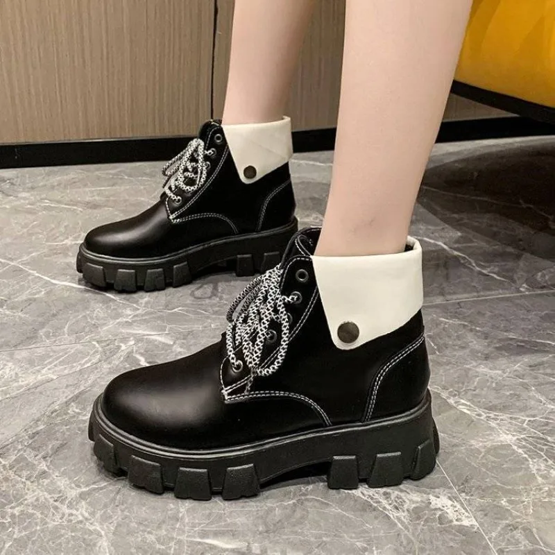 Women's Ankle Boots Leather Chunky Female Short Shoes Round Toe Booties Black Platform Spring 2024 Autumn High Quality Winter Pu