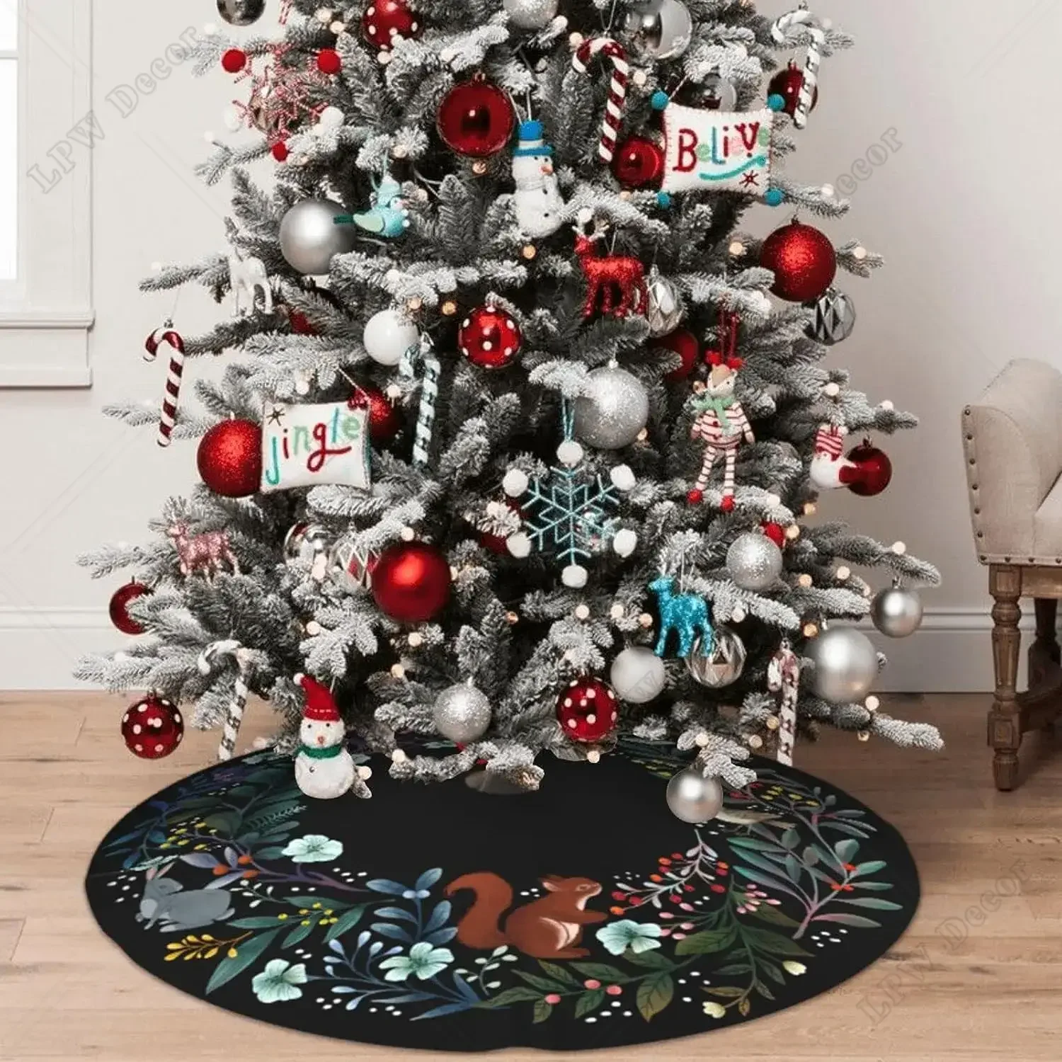 Falda de árbol de Navidad de corona de bosque para vacaciones de Navidad, fiesta de año nuevo, alfombrilla de árbol circular, adornos de decoración