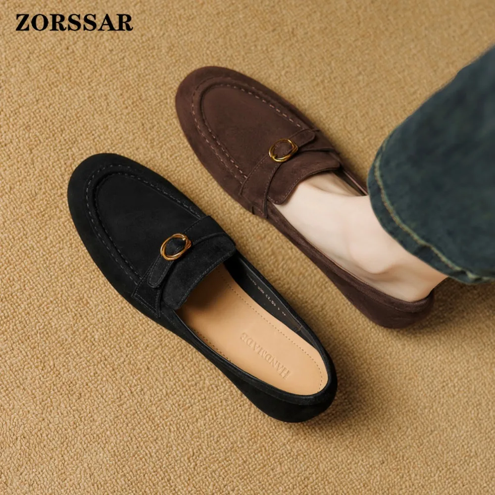 2026 جديد حذاء فردي مسطح غير رسمي العلامة التجارية مصمم امرأة ساحة تو جلد الغزال الشقق خمر شريط ضيق المتسكعون الأحذية الفاخرة