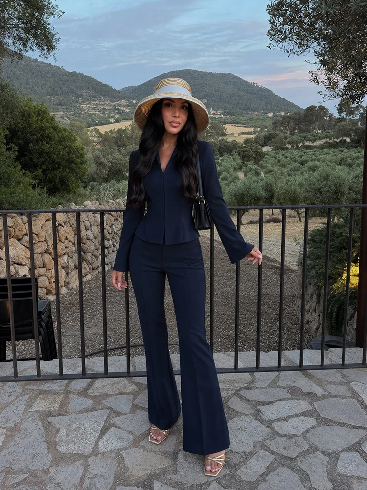 Minimalist Solid Flared Pants Suit Women Lapel Flare Sleeve Peplum Blazer High Waist Slim Set Business Office Formal Outfit 2026 view 3
