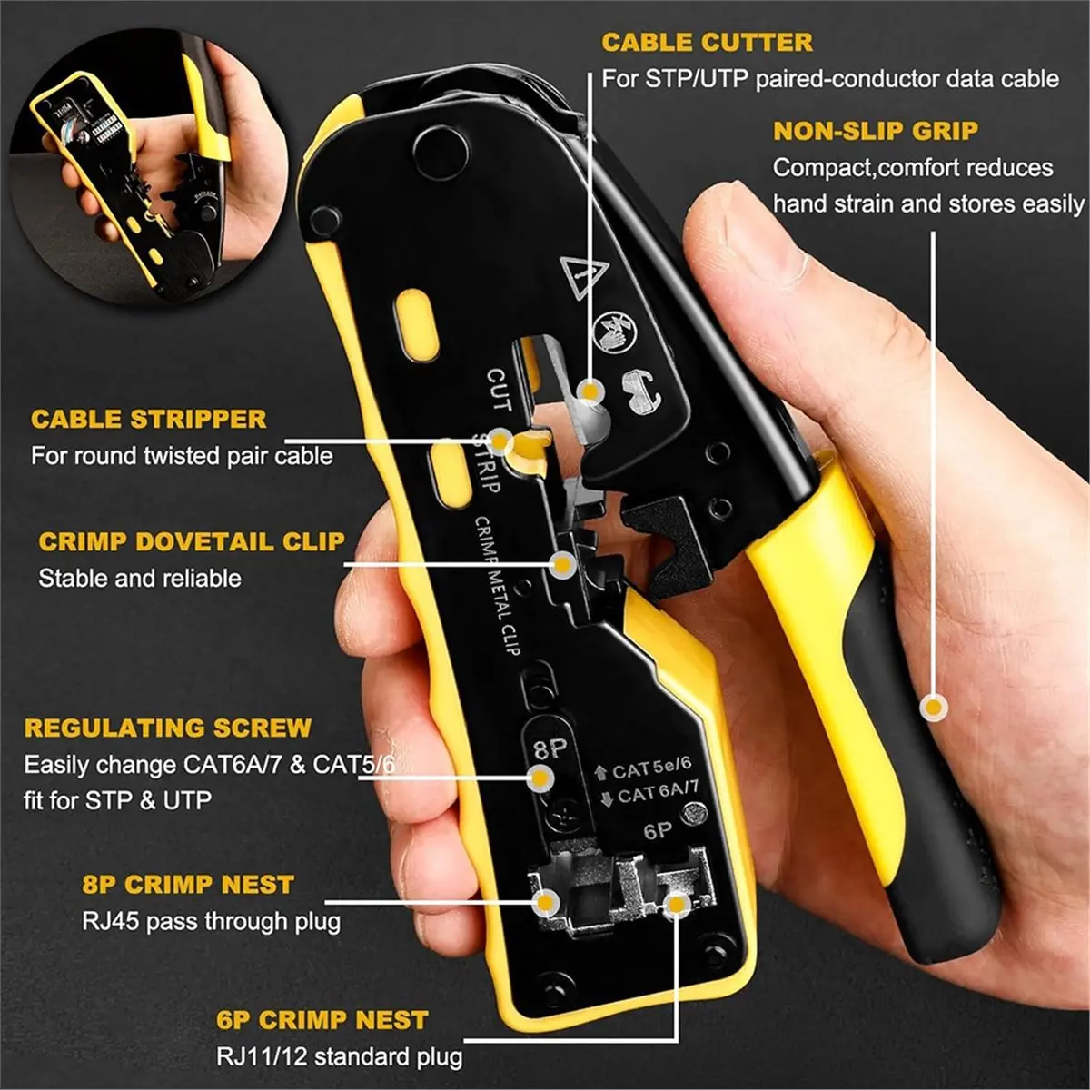 RJ45 Crimp Tool Through Grade Ethernet Crimper Ratcheting Modular Data Cable Crimper for Cat5 Cat6 Cat6a Network Plugs