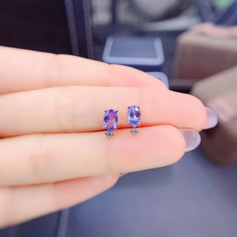 925 Sterling Silver Oval Natural Tanzanite earring Diamond Simple Daily Engagement Birthday Gemstone earring for Women
