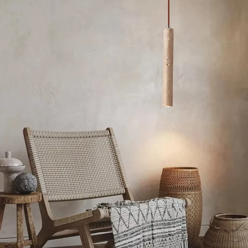 Led Pendant Lamp Long Tube Wood Ceiling Lamp Japan Style Quiet Wind Bedroom Bedside Chandelier Retro Modern Travertine Lighting