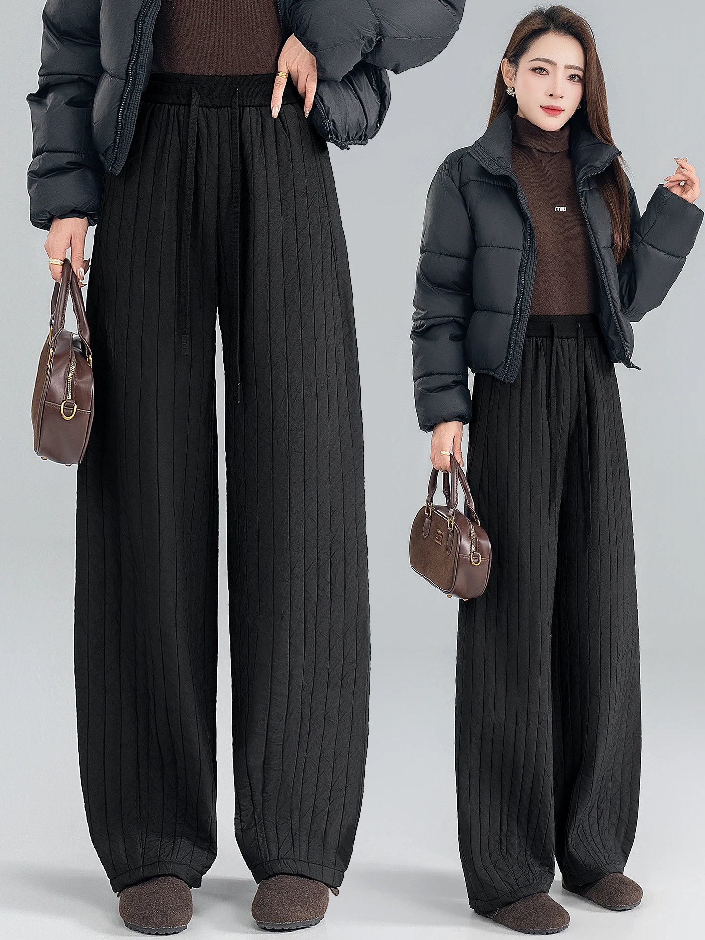 

Утепленные флисовые брюки с высокой талией, широкими штанинами и эластичным поясом, из хлопка, для женщин, зимние, новый стиль, повседневные, свободного кроя, теплые