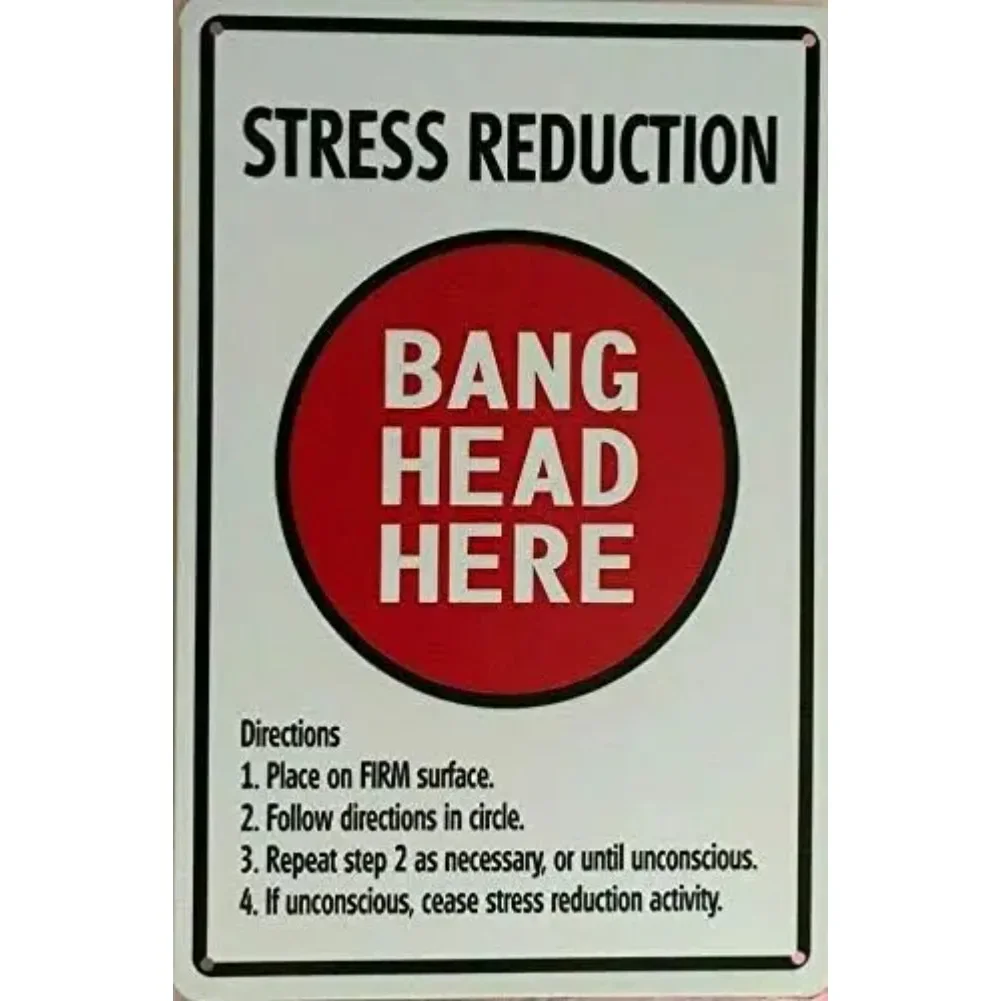 Stress Reduction Bang Head Here Vintage Metal Tin Sign, Retro Funny Stress Relief Wall Art Decor, Rustic Humorous Office Warn