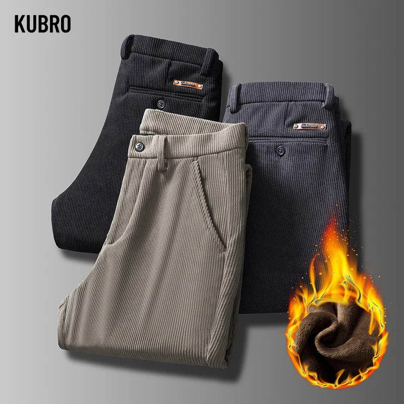 KUBRO Autumn Winter Classic Trendy Slim Straight Fleece Casual Pants Korean Fashion Men's Elegant Versatile Warm Y2K Pantalones