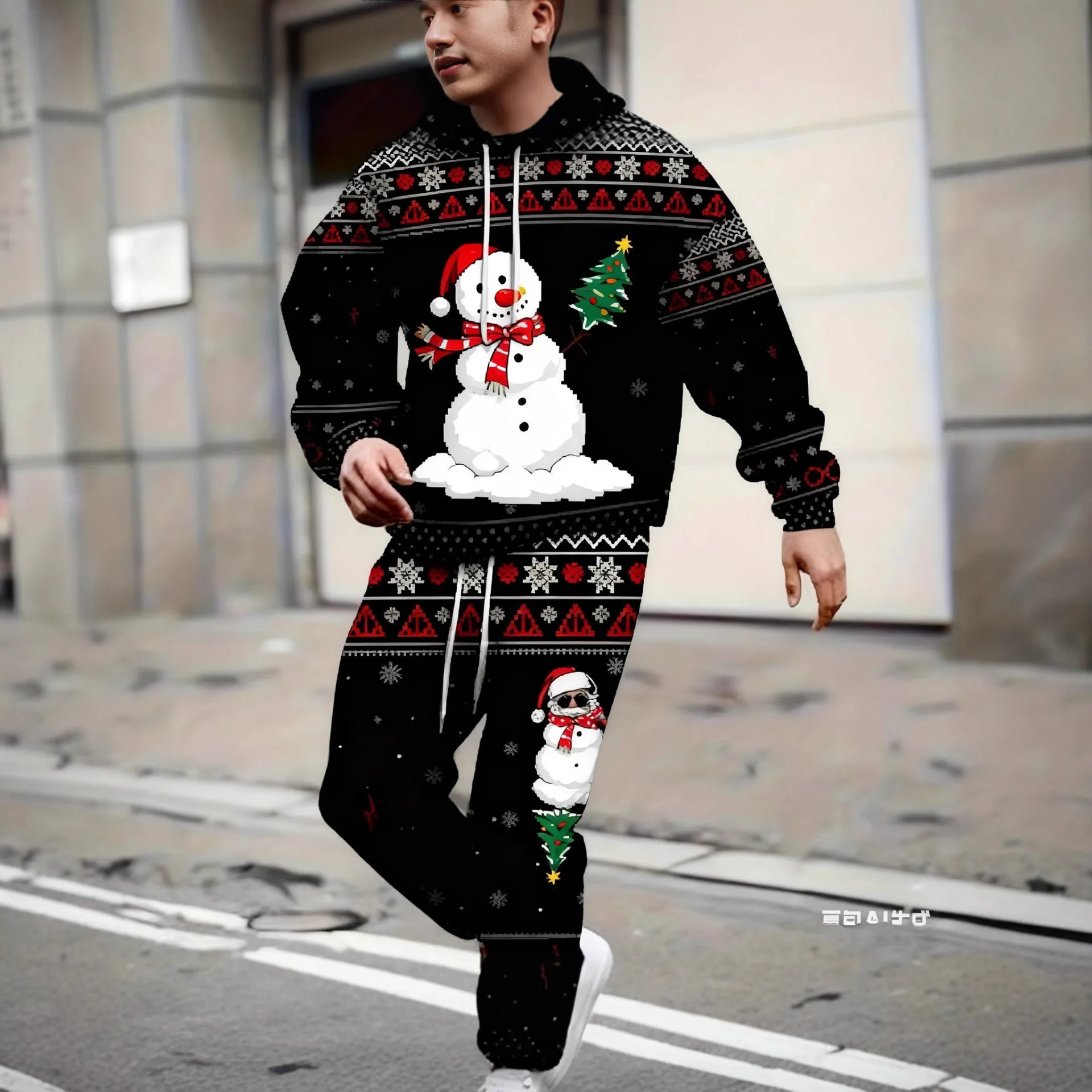 

Новый 3D рождественский принт, мужские толстовки из двух предметов, брюки, костюм, рождественский комплект свитшотов для пар, модный повседневный спортивный костюм, комплект для бега