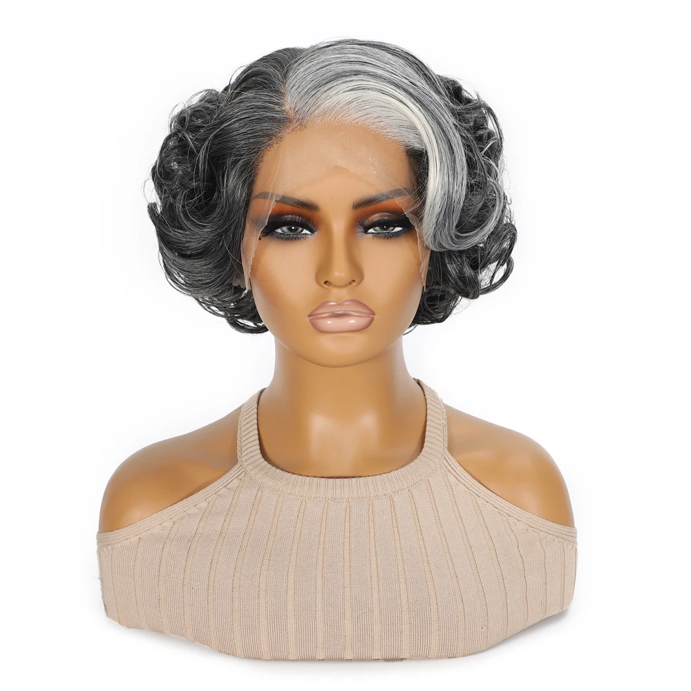 Curly Fluffy Short Hair Wig 10 Inch T Part Lace Synthetic Hair Mix Black Gray Colors for Women Daily Use