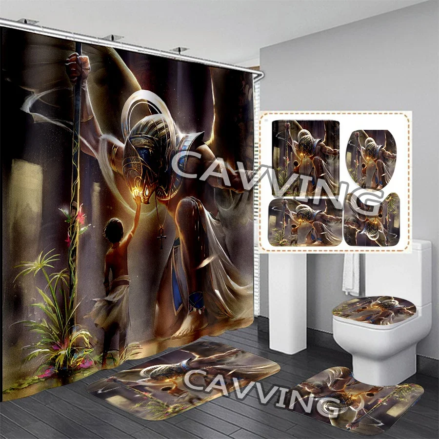 CAVVING 3D Print Egyptian God Eye of Horus Egypt Pharaoh Anubis Shower Curtain Waterproof Bathroom Curtain Anti-slip Mat Set 01