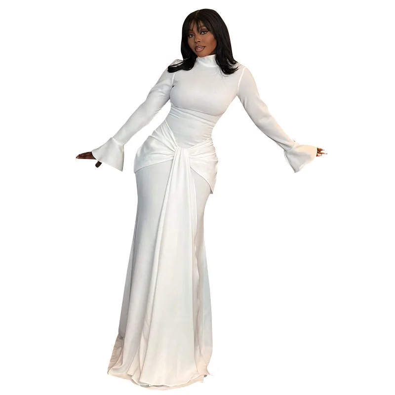 Ele Color puro Slim Fit largo Sve Wrap Dr mujer Otoño Invierno cintura alta pajarita vestido fibra de poliéster Dr