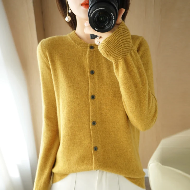 2022 Cashmere Cardigans Women\'s O-neck Single Breasted Lady Knitwear Tops Solid  Femme Cardigan