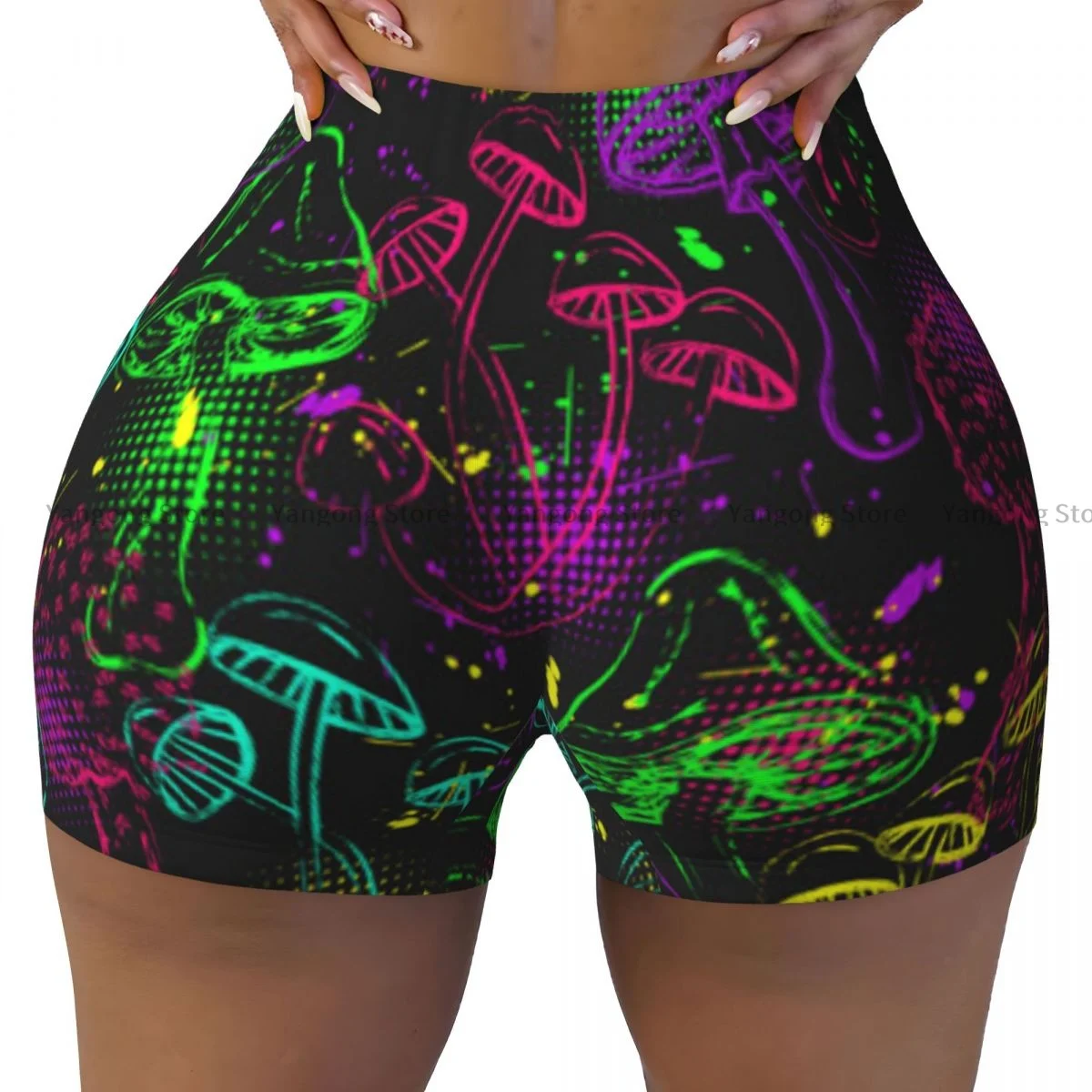 

Women's Yoga Shorts Fantasy Magic Mushrooms In Grunge Style Scrunch Booty Butt Lifting Comfort Fitness Gym