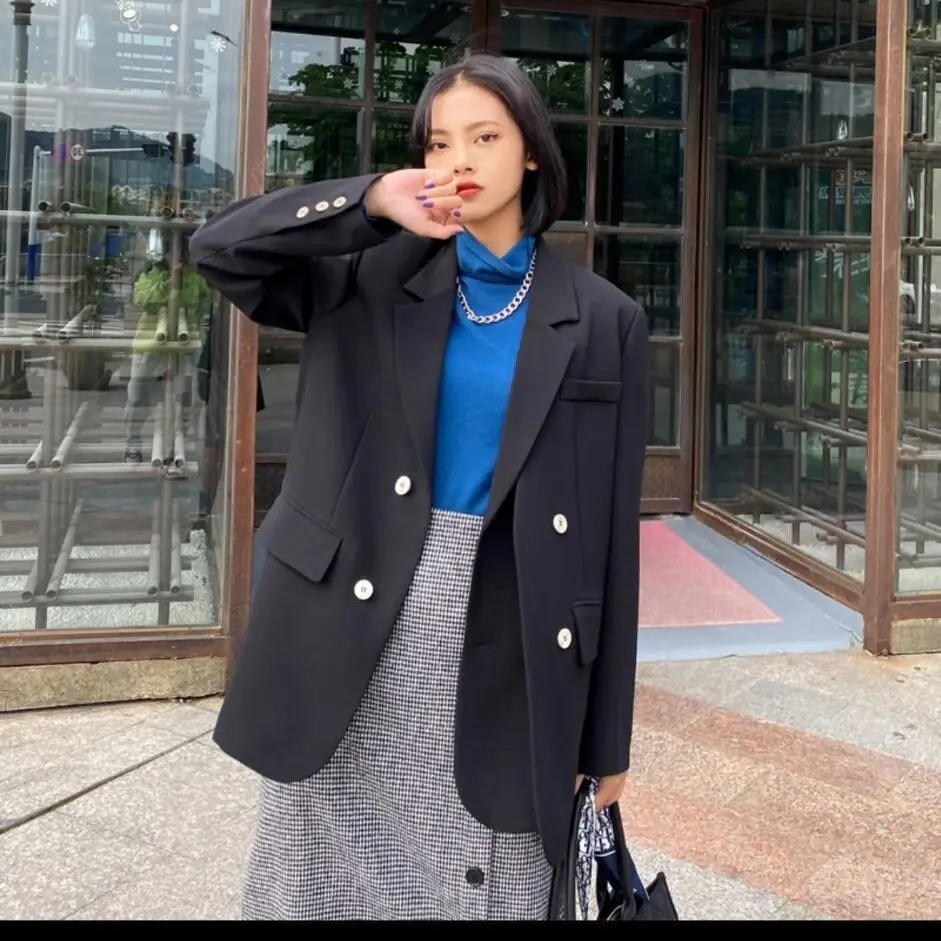 Casual Woman Blazer Sacks Mid-Long Temperamet Slim-Fit Crew Zip Age-Reducing Shimmer Splied Full-Length Extended Newkorean