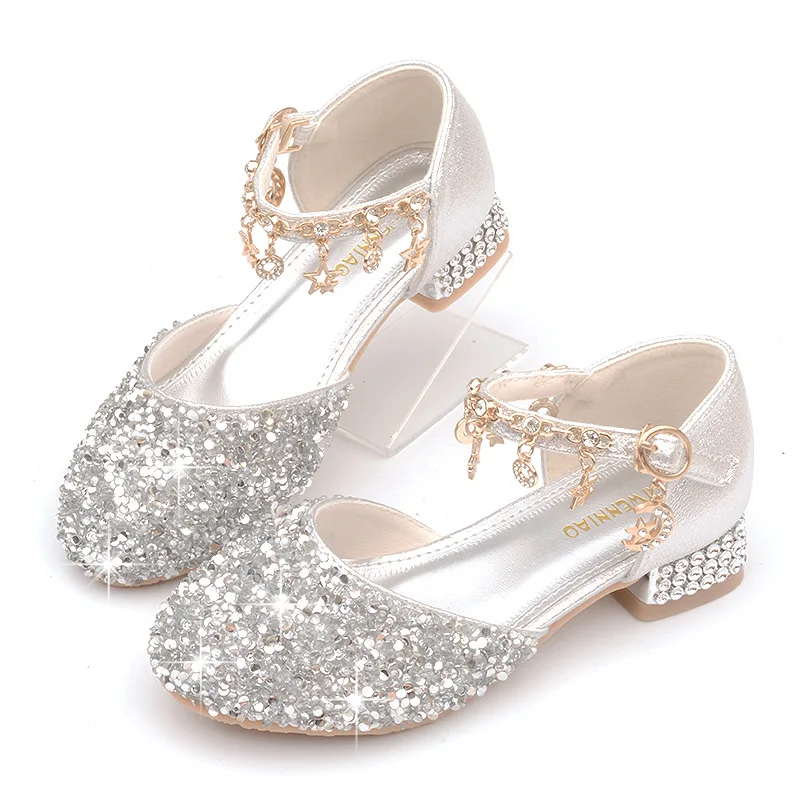 

Children's Shoes Fashion New Girls Wedding Shoe Flash Diamond Tassel Chain High Heel Princess Leather Shoes Dance Flower Sandals