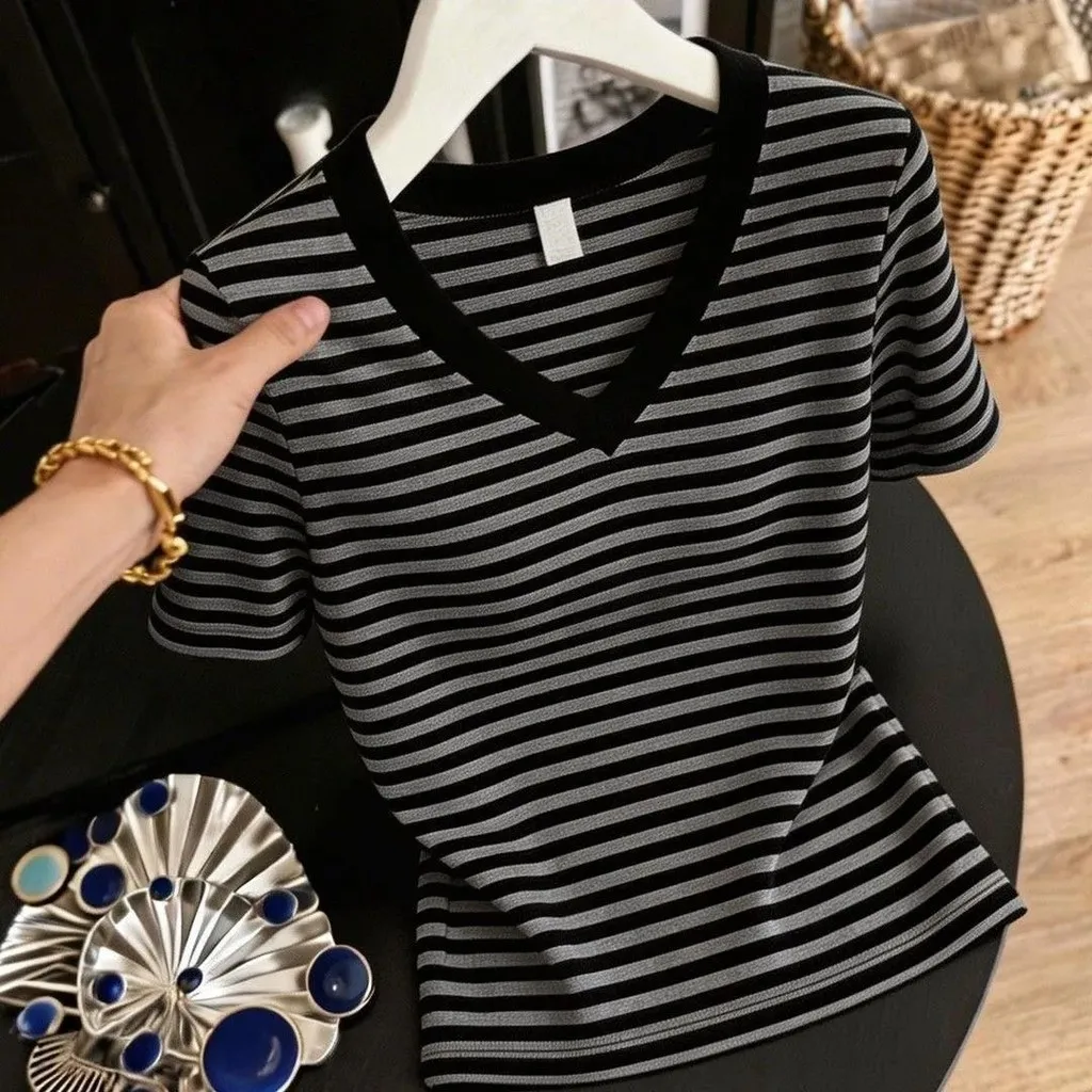 Women's Black Grey Striped V Neck T Shirt Summer Short Sleeve Korean Casual Basic Top
