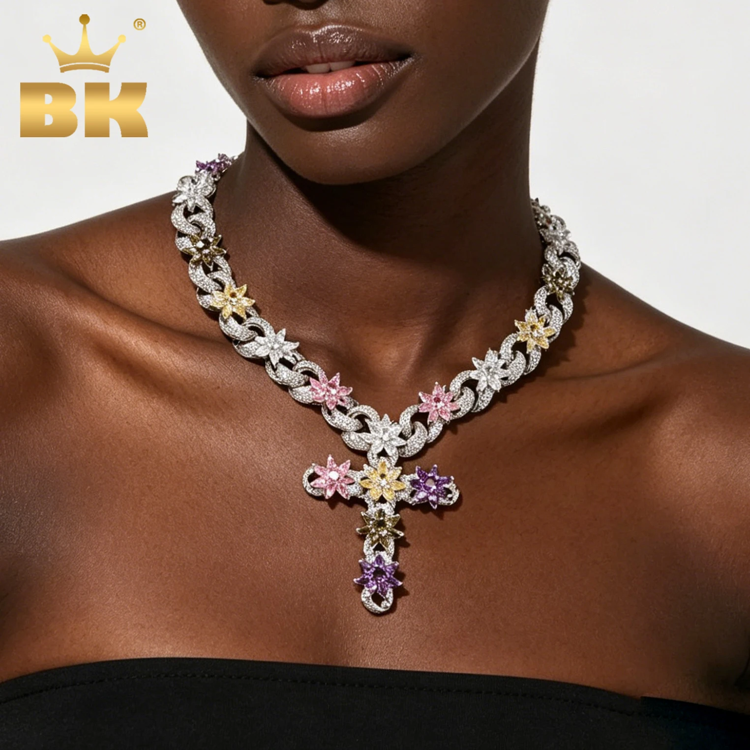 TBTK Iced Out Multicolor Flower Zircon Cuban Link Chain Cross Pendant Necklace Hip Hop Bling Jewelry for Men Women