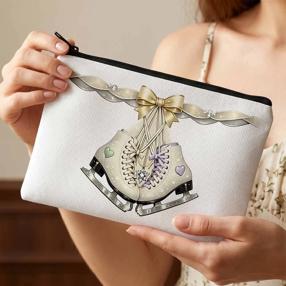 2D Print Makeup Bag with Elegant Ice Skate Design, Cosmetic Pouch for Winter Sports Enthusiasts & Holiday Occasions