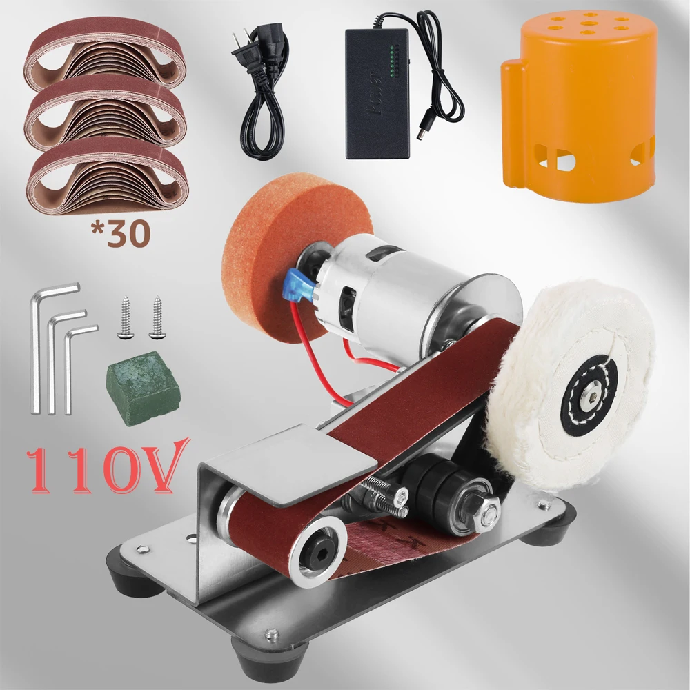 Mini Belt Grinding Machine Tool Electric Belt Grinder 7 Adjustable Speed Electric Polishing Sharpener Machine, 30mm Sanding Belt