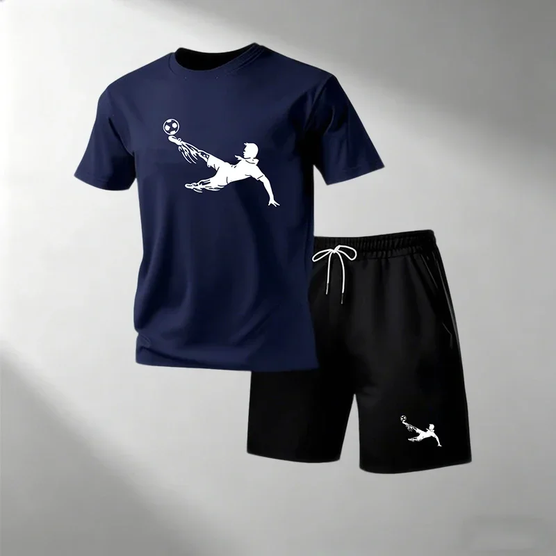 Football Summer Men's Quick Dry T-Shirts Sets Short Sleeve + Sports Shorts O-Neck Casual Home Outdoor Running Training Suit