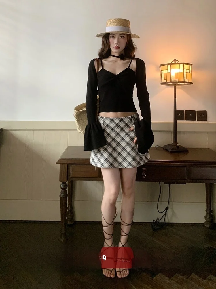 

Американская женская юбка А-силуэта с завышенной талией, облегающая, весенне-летняя, в клетку, универсальная короткая юбка для невысоких женщин