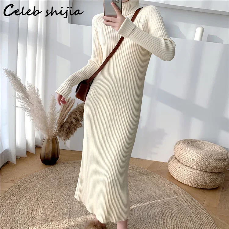 Turtleneck Sweater Dress for Woman Clothing Winter Black Chic Elegant Apricot Long Wool Dresses Autumn Knit Vestidos Mujer