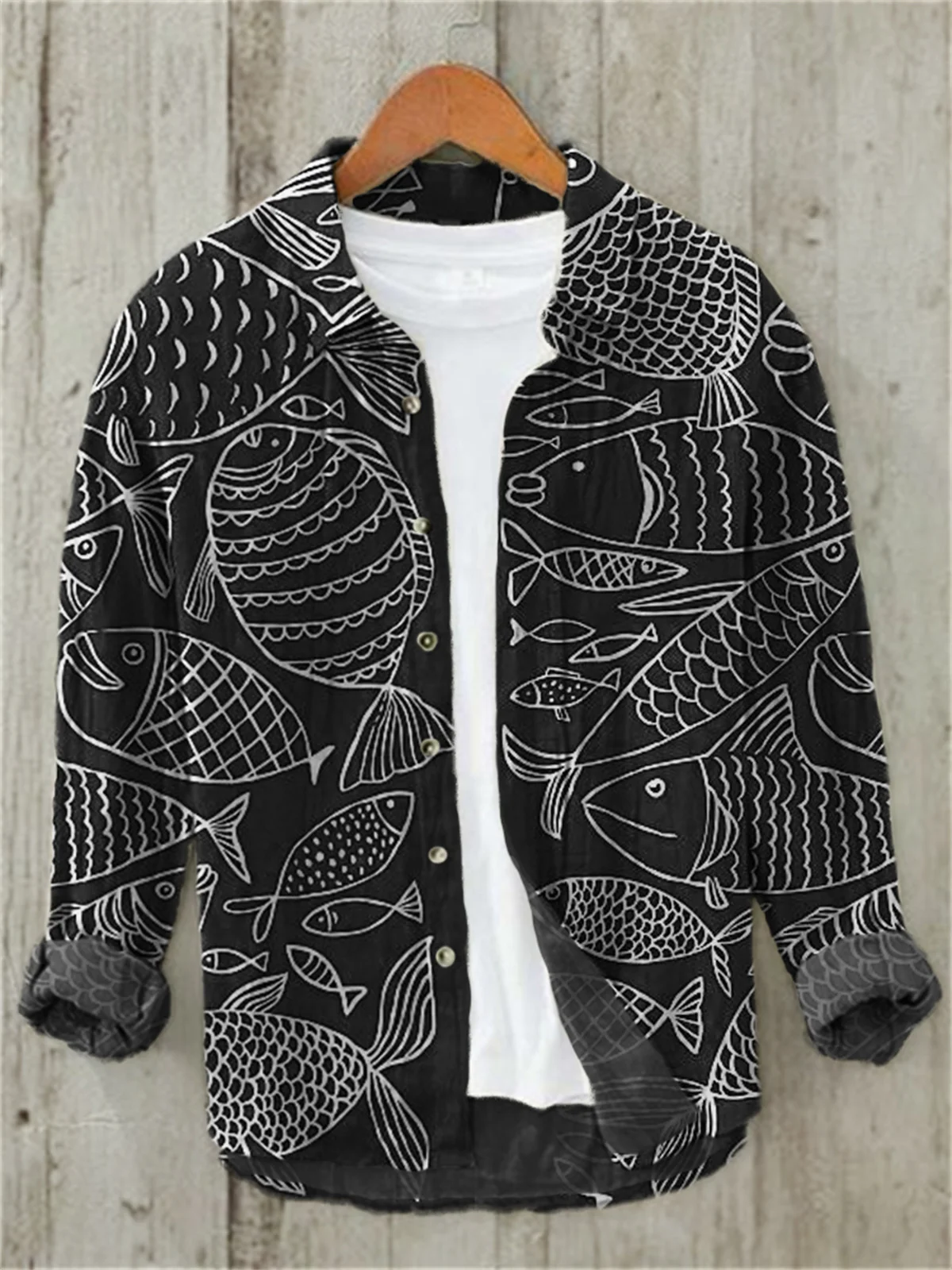 New Mi Bai Fold National Feng Shui Ink Bamboo Red Sun Red Seal Printed Men's Flip Collar Casual Long Sleeve Shirt