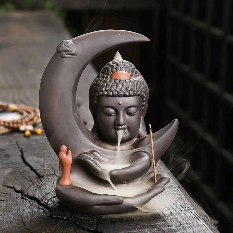 

1pc Handcrafted Purple Clay Incense Burner with Moon and Buddha Design for Relaxation and Meditation (Without Incense）