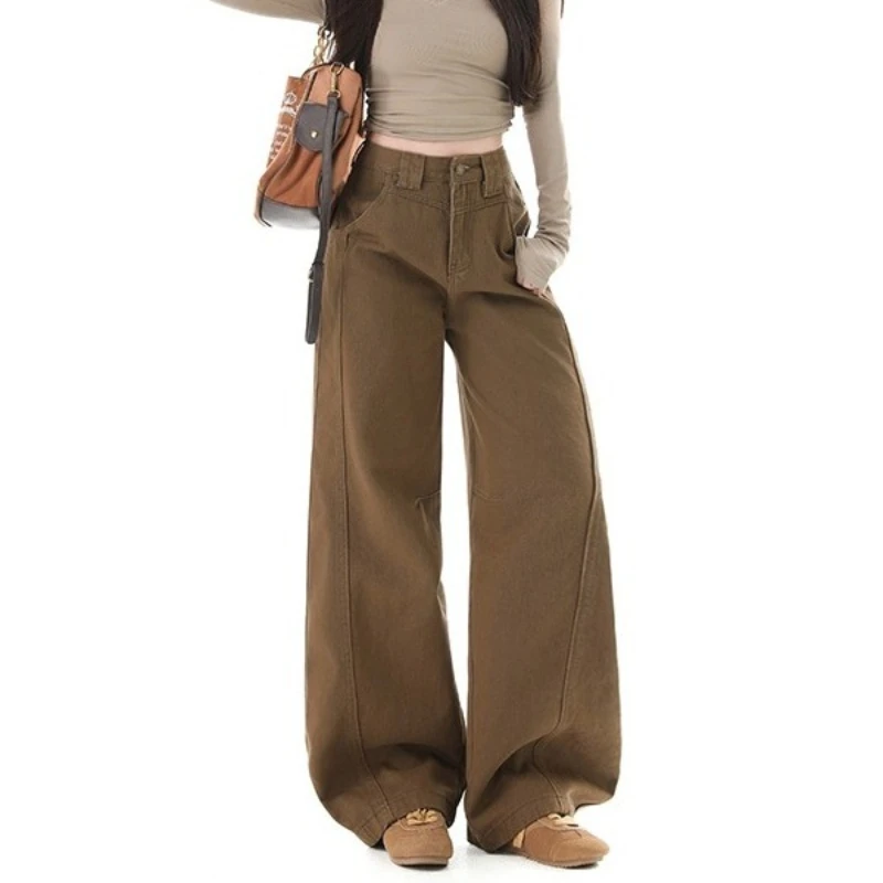 الخريف خمر واسعة الساق البني المرأة الجينز النساء عالية الخصر فضفاض الدنيم السراويل الكورية مستقيم المنشعب فضفاض بناطيل كاجوال