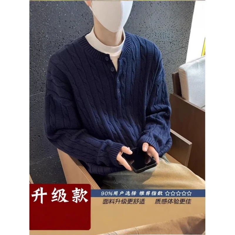 

Navy Blue Henley Collar Cable Knit Sweater for Men, Autumn Winter Lazy Style, Korean High-End FeelcleanfitKnitted Cardigan Jacke