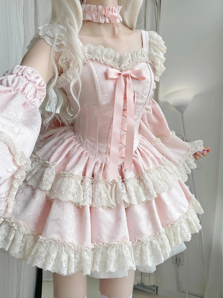 Kawaii Lolita Suits Japanese Party Dress Women Y2k Korean Sweet Fairy New Design Puffy Dress 2 Piece Dress Sets 2000s Vintage