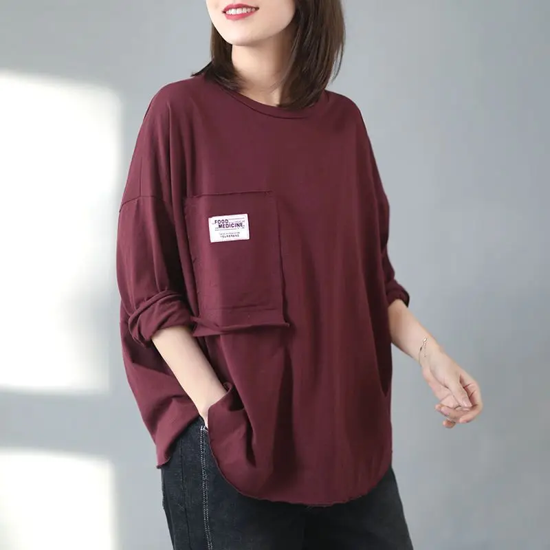 Solid T Shirts Korean Casual Loose Spring New Long Sleeve Pocket Patchwork Simplicity Tops Tees Vintage Fashion Women Clothing