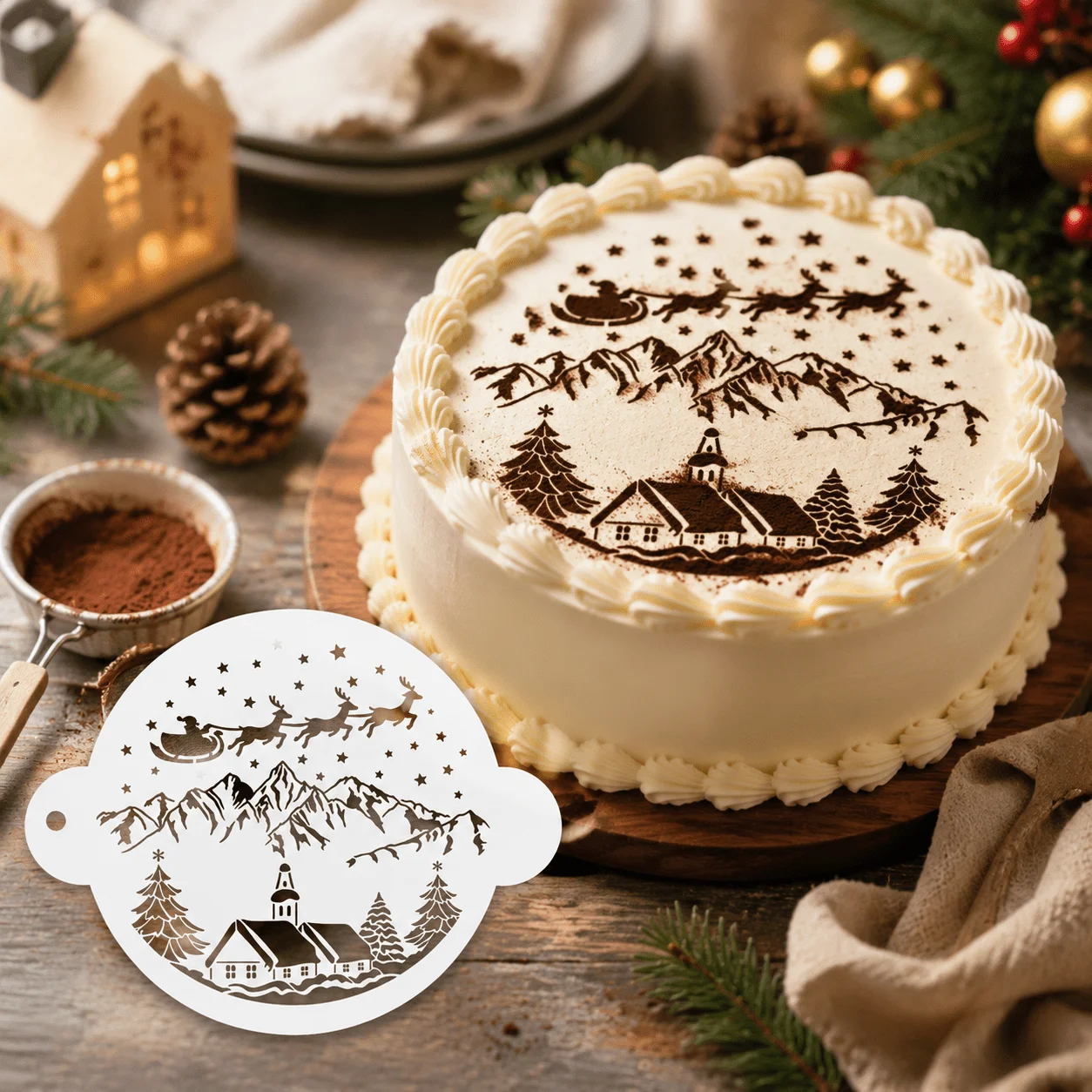 Round Christmas Snow‑Scene Stencil, Santa Reindeer Cake‑Top Spray Template, Holiday Baking Decor Tool