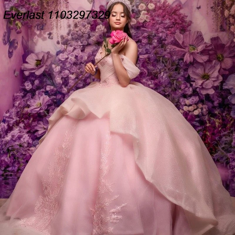 EVLAST وردي Quinceanera ثوب الكرة ، بلورات مزخرفة بالخرز ، مشد متدرج ، حلو 16 ، TQD666 ، 15 سنة