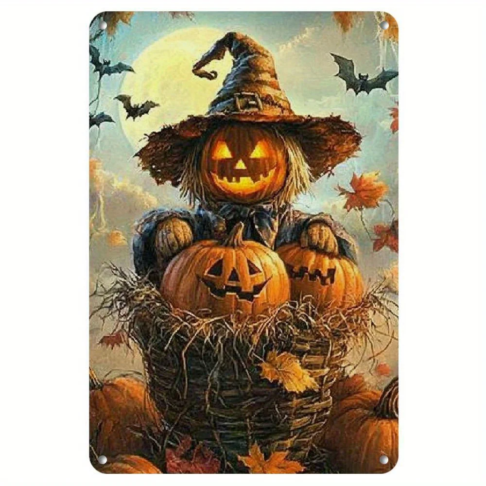 Halloween-Metallschild mit Vogelscheuche und Kürbis – langlebige Wanddekoration aus Eisen mit Mondlicht-Himmel-Design, einfach zu installieren, perfekt für Zuhause