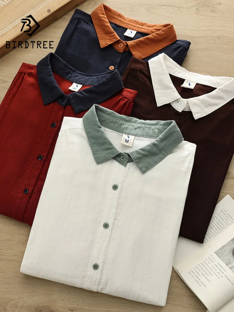 New 2026 Autumn Women Cotton Yarn Long Sleeve Shirt, Collar Color Blocking, Mori Girl Korean Comfortable Loose Blouse T69124CC