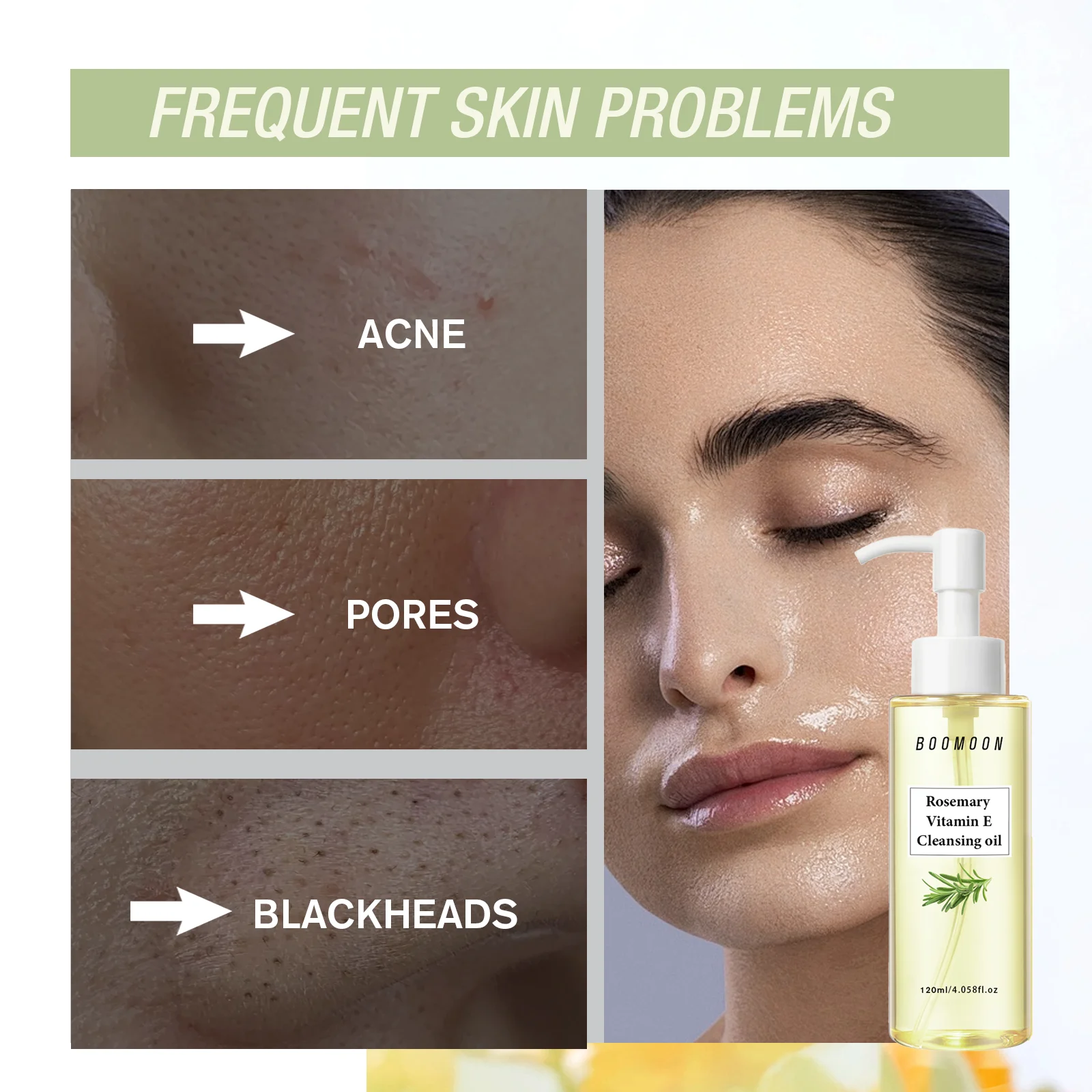 Huile nettoyante au romarin et à la vitamine E, 120ml, apaisante, antioxydante, démaquillante à fusion rapide pour l'acné et les Pores |   Tous types de peau