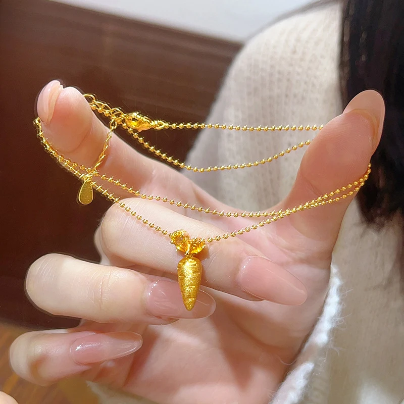 Luxury 100% Real 24K Gold New  Carrot Pendant Necklace Diamond Dot Brushed Sweet Collarbone Choker