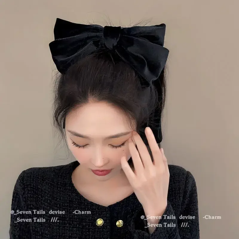 1 Piece Big Black Color Bow Hair Clip for Women Retro Korean Fashion Velvet Bow Tie Ponytail Headband Girl Hair Accessories