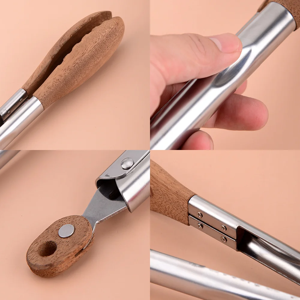 Non-Stick BBQ Grilling Tong Walnut Wood with Stainless Steel Handle Cooking Tong Easy to Use Durable Salad Bread Dessert Tong
