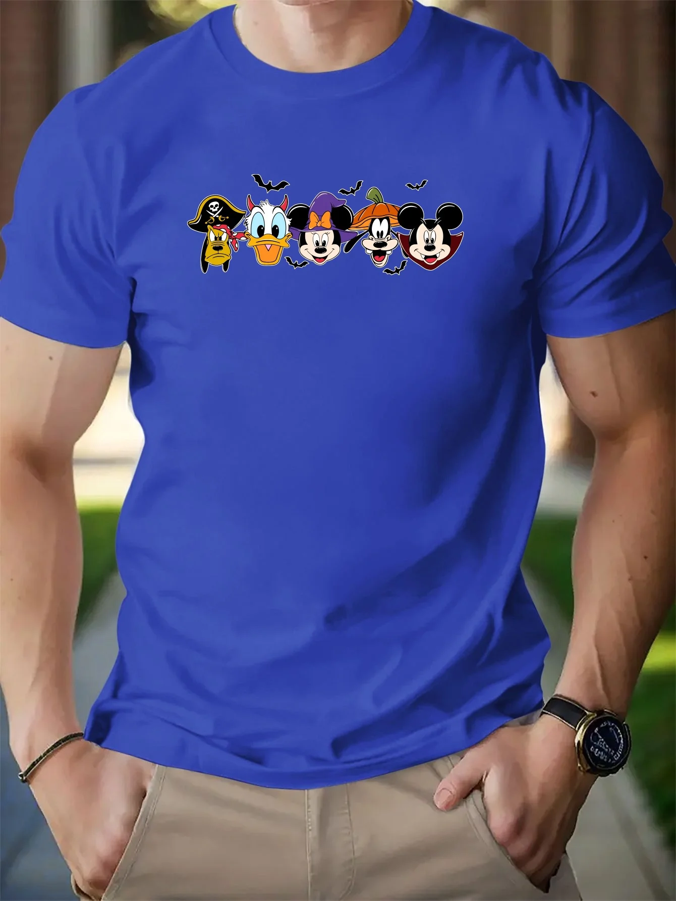 Disney T-Shirts Men\'s Casual Cartoon Halloween Mickey And His Friends Print Short Sleeve Slight Stretch Casual Comfortable